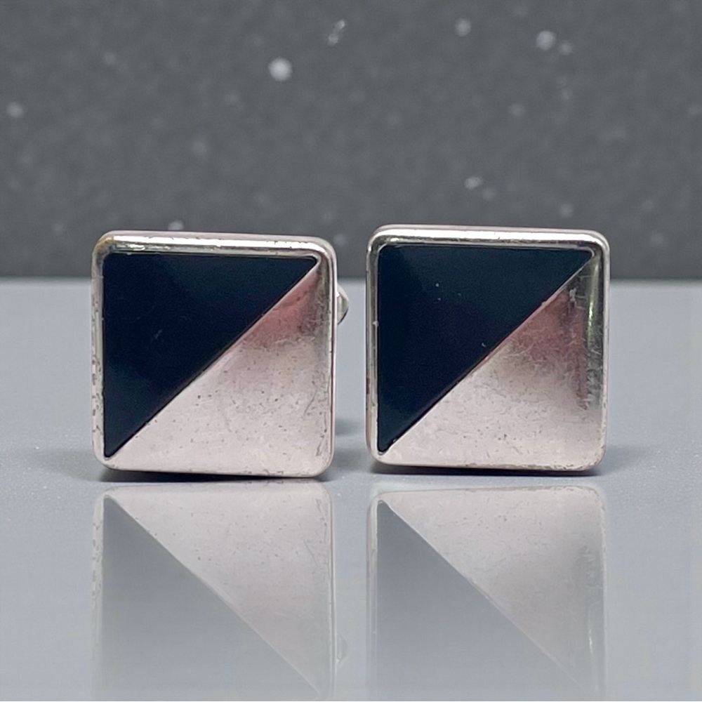 Elegant Vintage Anson Silver Tone a Black Cufflinks With Geometric Block Design